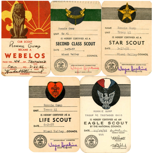 Complete 33-card Boy Scout archive documenting Ronnie Gump’s journey from Cub Scout to Eagle Scout, Trotwood Ohio, 1953-1959. 5 Advancement Cards Front