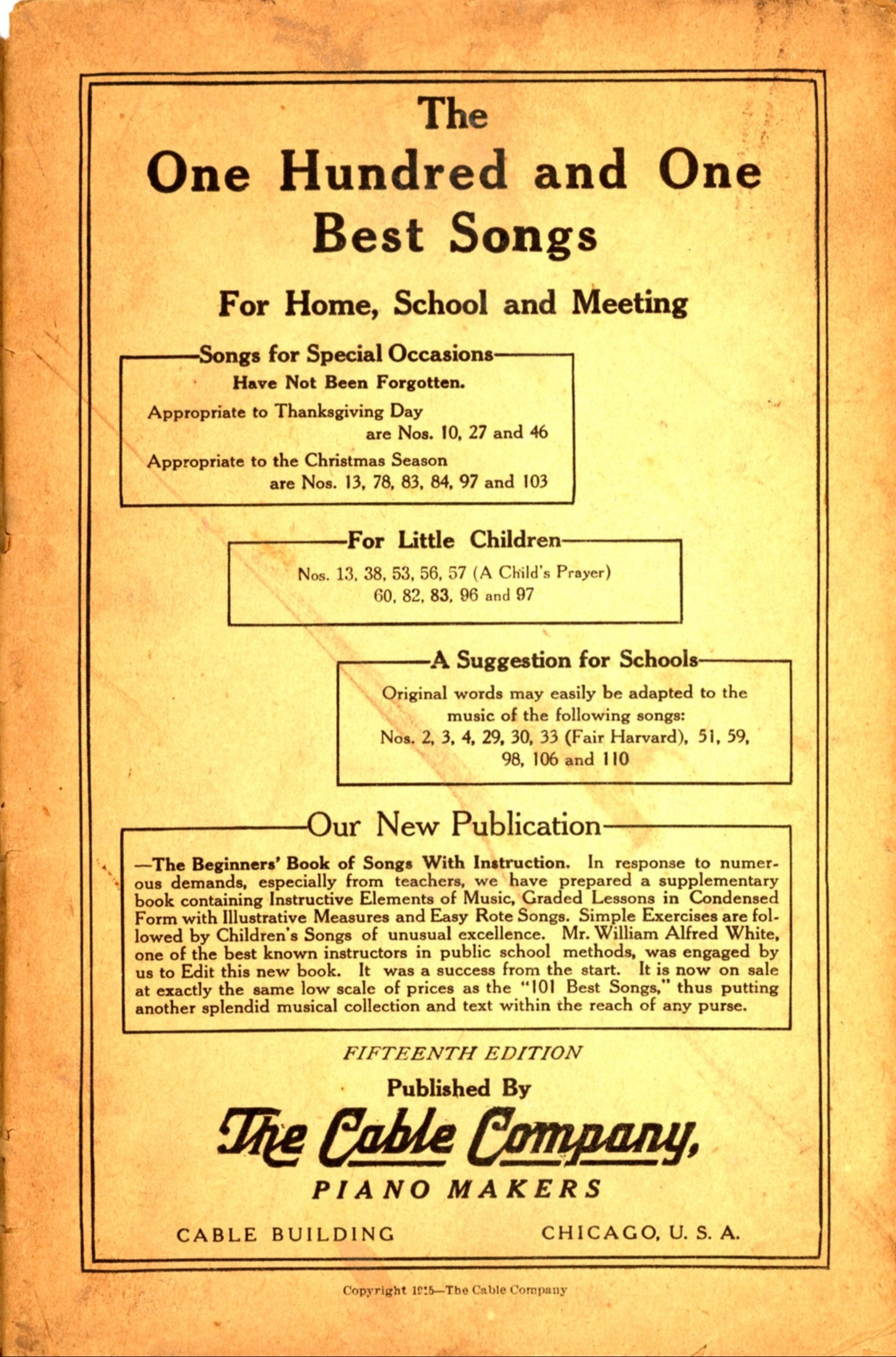 The ONE HUNDRED AND ONE BEST SONGS ©1915 The Cable Company COPYRIGHT PAGE