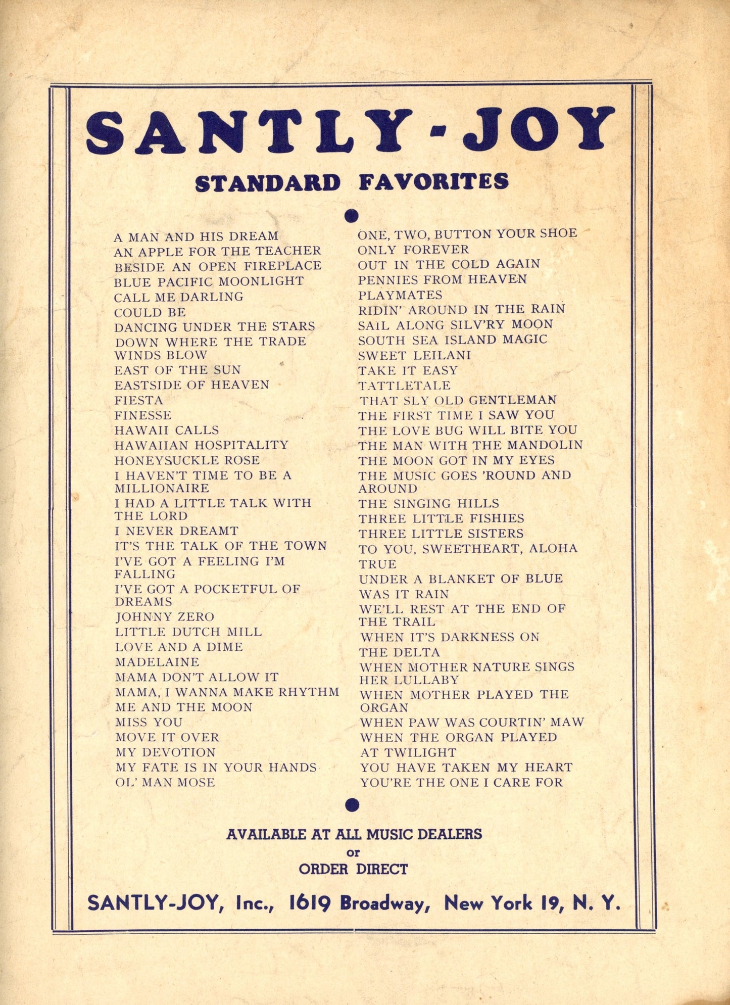 BELL BOTTOM TROUSERS Sheet Music Santly-Joy ©1944 Back