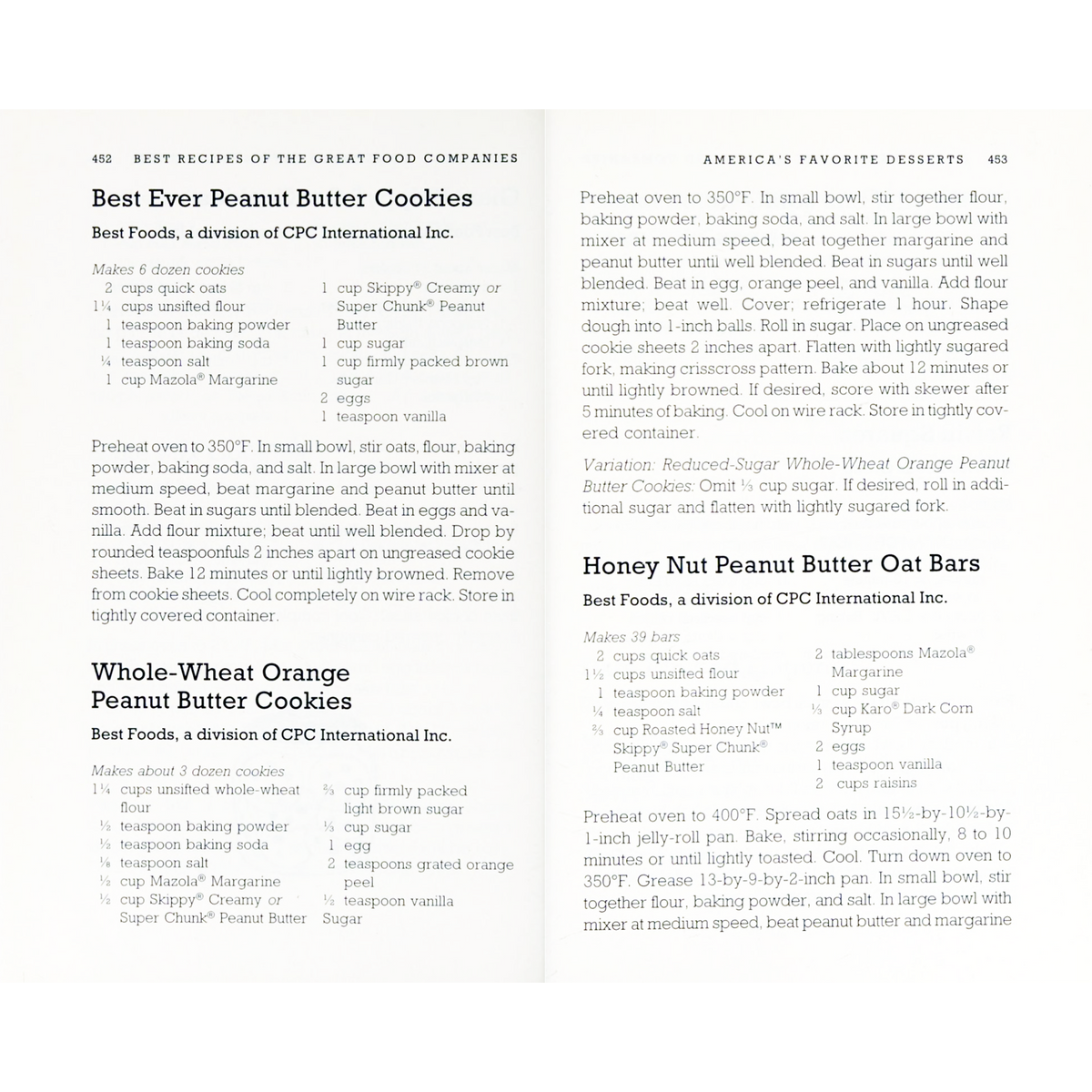 A printed recipe page from Best of Recipes of the Great Food Companies, showing recipes for Best Ever Peanut Butter Cookies and Honey Nut Peanut Butter Oat Bars with ingredient lists and cooking directions.