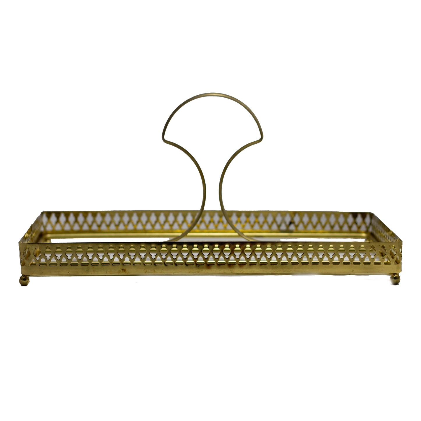 Mid-Century Divided Brass Bar Tray with Handle & Ball Feet