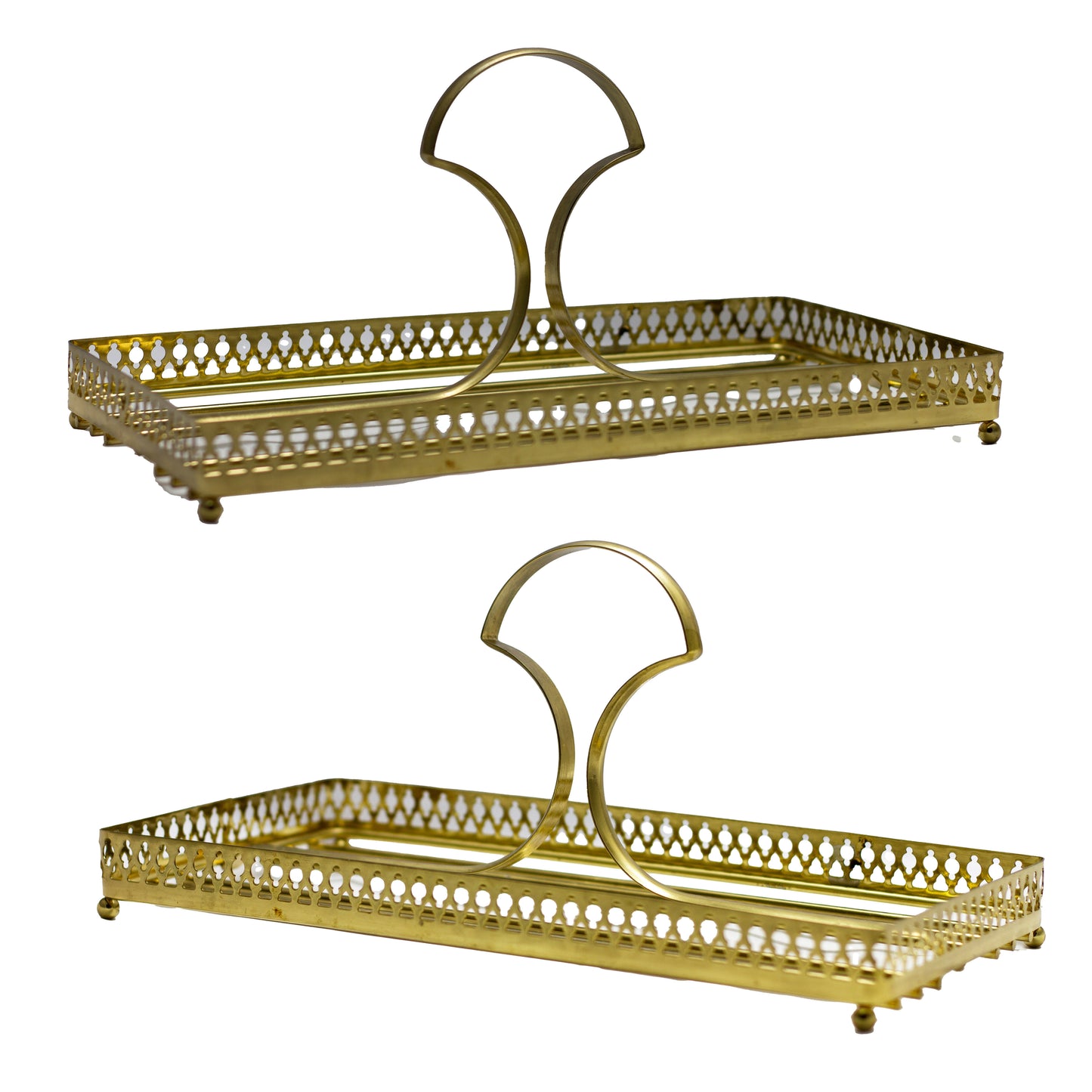 Mid-Century Divided Brass Cocktail Glass Tray with Handle & Ball Feet