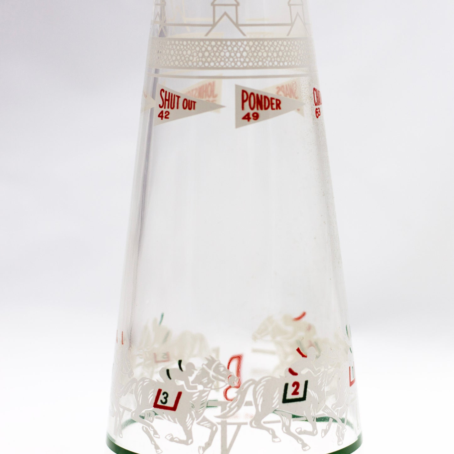 Vintage 1963 Double Springs Whiskey Kentucky Derby Winners Glass Decanter showing Shut Out and Ponder