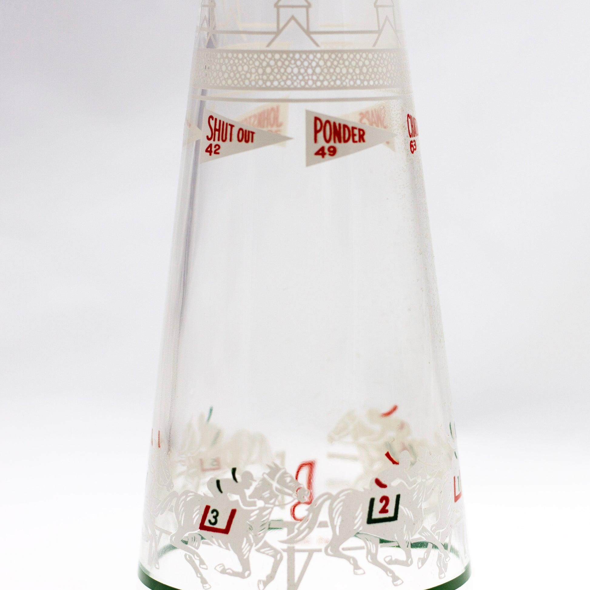 Vintage 1963 Double Springs Whiskey Kentucky Derby Winners Glass Decanter showing Shut Out and Ponder