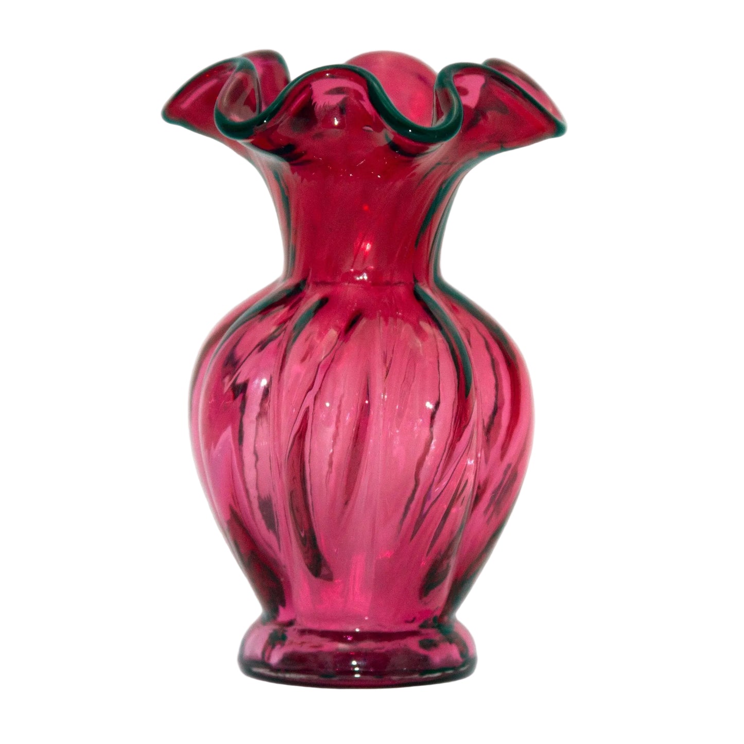 FENTON CRANBERRY GLASS Vase with Ribbed Body & Ruffled Rim