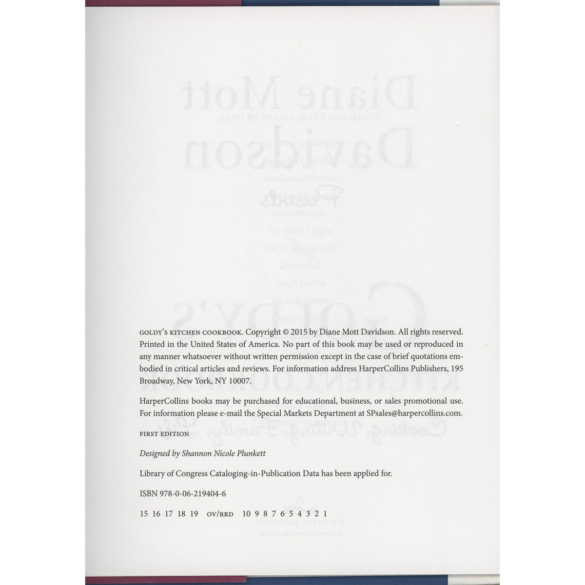The title page for 'Goldy's Kitchen Cookbook' by Diane Matt Davidson, showing copyright details and publisher information for HarperCollins Publishers.