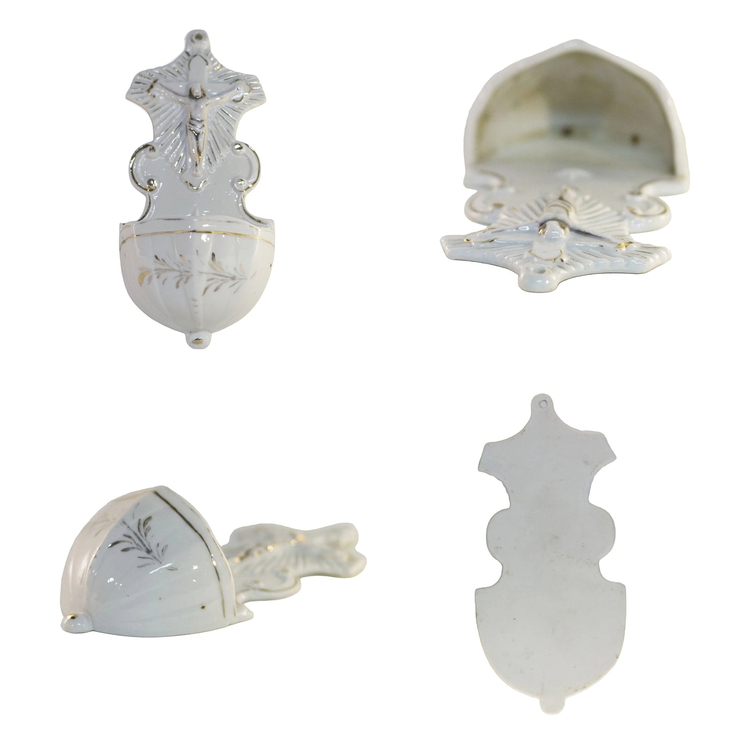 Passion of the Christ Holy Water Font Porcelain Crucifix Wall Font Silvery Gilt four images