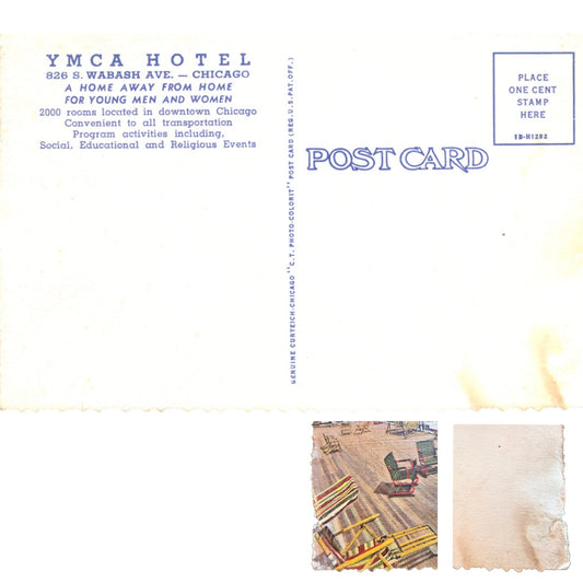 Vintage Curt Teich linen postcard featuring the YMCA Hotel roof garden in Chicago, Illinois. Colorful 1940s travel souvenir postcard. Back