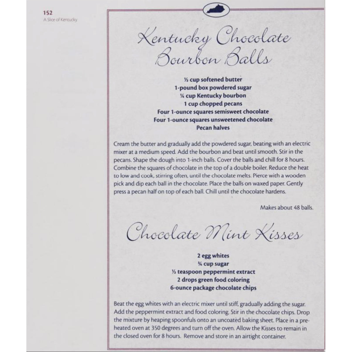 A printed recipe page from the Slice of Kentucky cookbook titled 'Kentucky Chocolate Bourbon Balls' and 'Chocolate Mint Kisses,' showing step-by-step instructions and ingredient lists on a white page with a gray border.