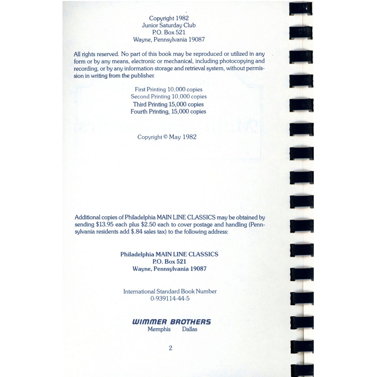 Philadelphia Main Line Classics – 700‑Recipe Community Cookbook (1982) 700+ recipes from the Philadelphia Main Line with train‑station illustrations, history, and community favorites; Copyright Page