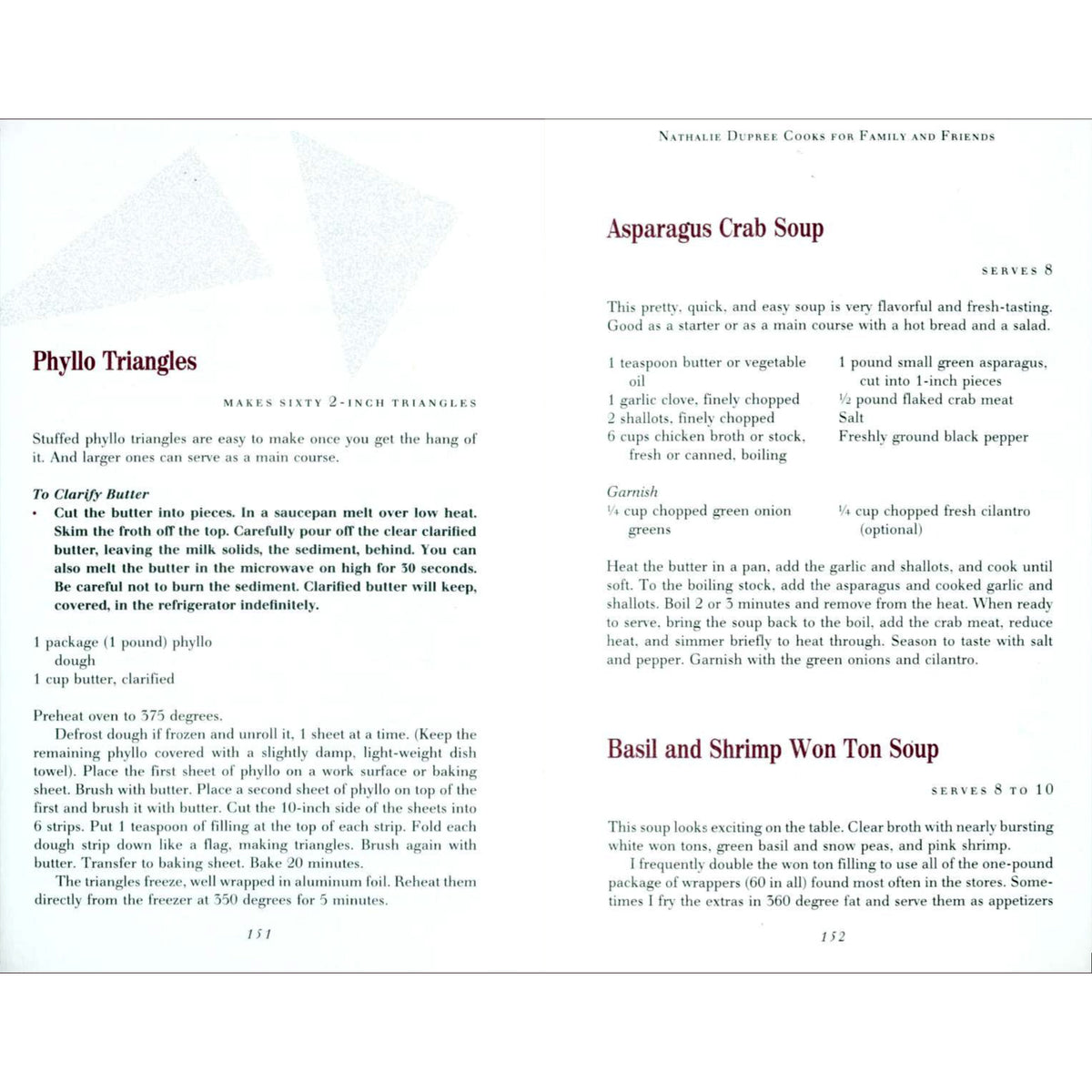 A recipe page from 'Nathalie Dupree Cooks for Family and Friends' First Edition / First Printing showing 'Asparagus Crab Soup' and 'Basil and Shrimp Won Ton Soup' with ingredient lists, preparation notes.