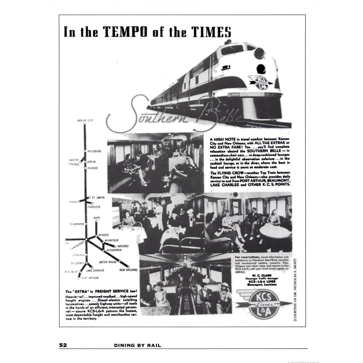 A page from the Dining by Rail book of a vintage magazine advertisement for Southern Belle passenger trains, featuring a large train illustration, a route diagram, passenger photos, and text about dining and service.
