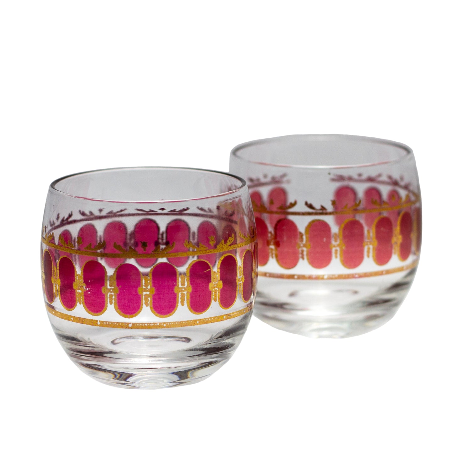 Vintage Cranberry Scroll Roly Poly Cocktail Glasses Set of Two (Marked Culver)