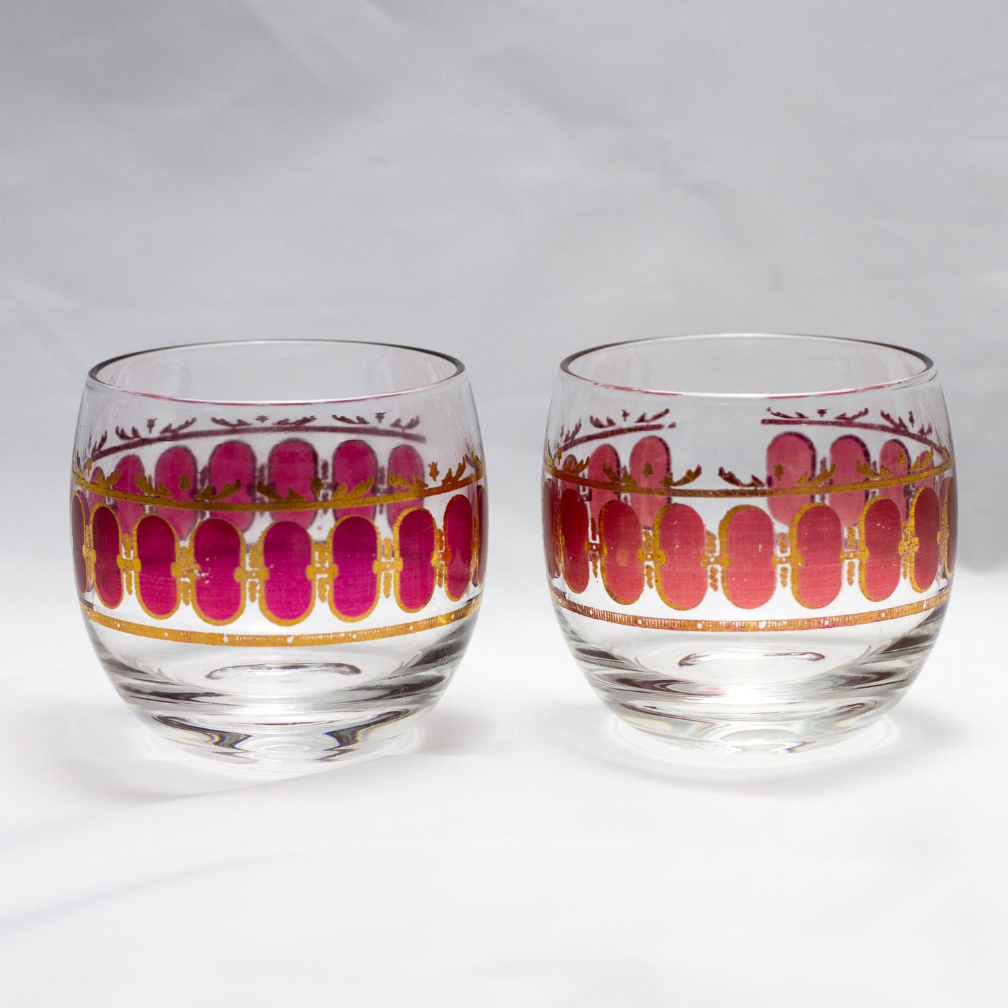 Vintage Cranberry Scroll Roly Poly Cocktail Glasses Set of Two (Marked Culver) Side by Side