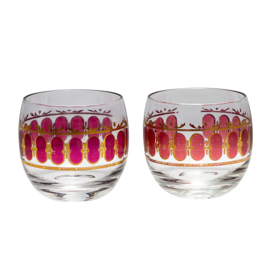 Vintage Cranberry Scroll Roly Poly Cocktail Glasses Set of Two (Marked Culver) Side by Side
