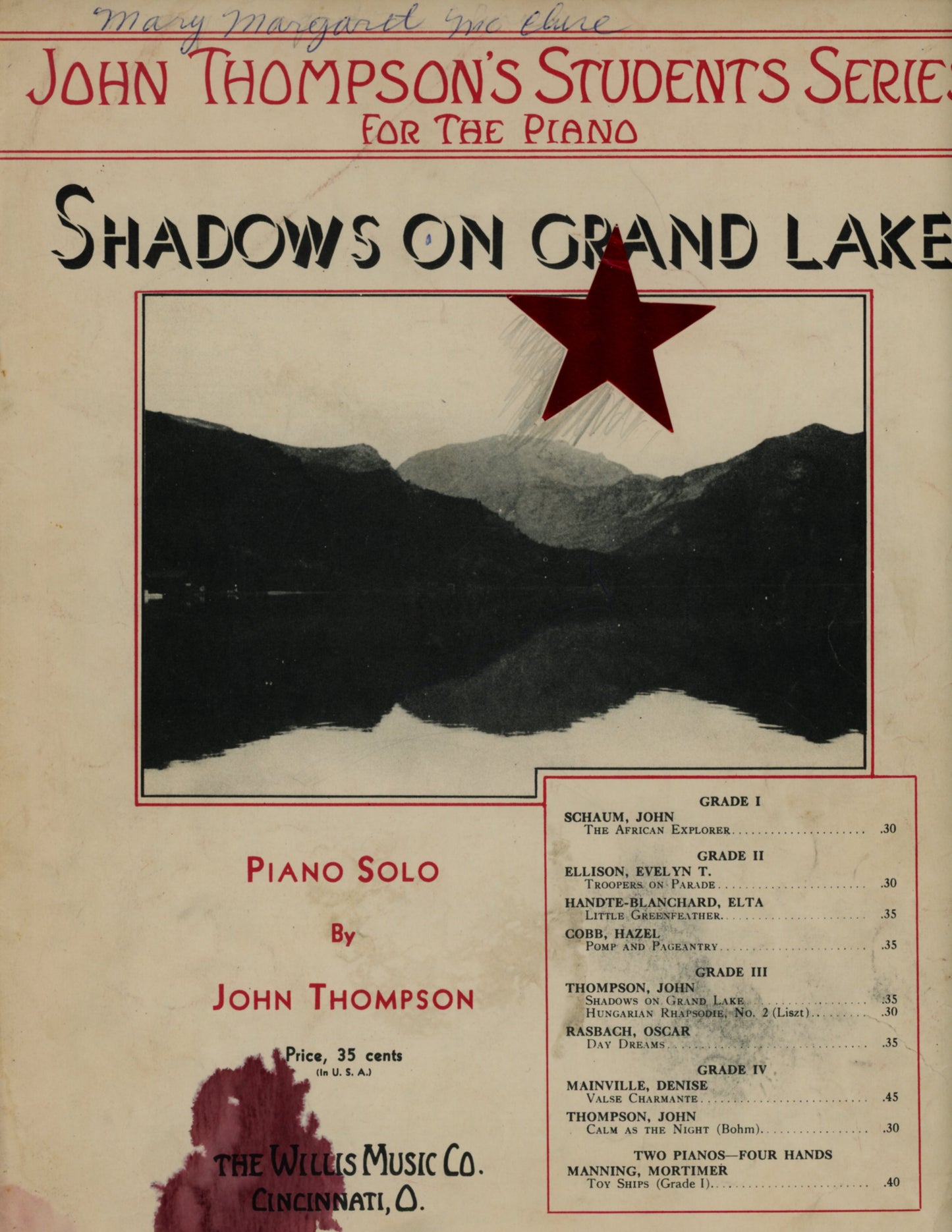 SHADOWS ON GRAND LAKE Vintage Sheet Music by John Thompson ©1939 1936–1939 John Thompson Student Series Piano Solos (Set of 3) – Willis Music Cincinnati