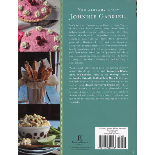 Back cover of a cookbook titled 'You Already Know Johnnie Gabriel' by Timber Knoll, featuring a teal background with white text and three vertical food photos on the left side showing pink cake, cinnamon rolls, and popcorn.