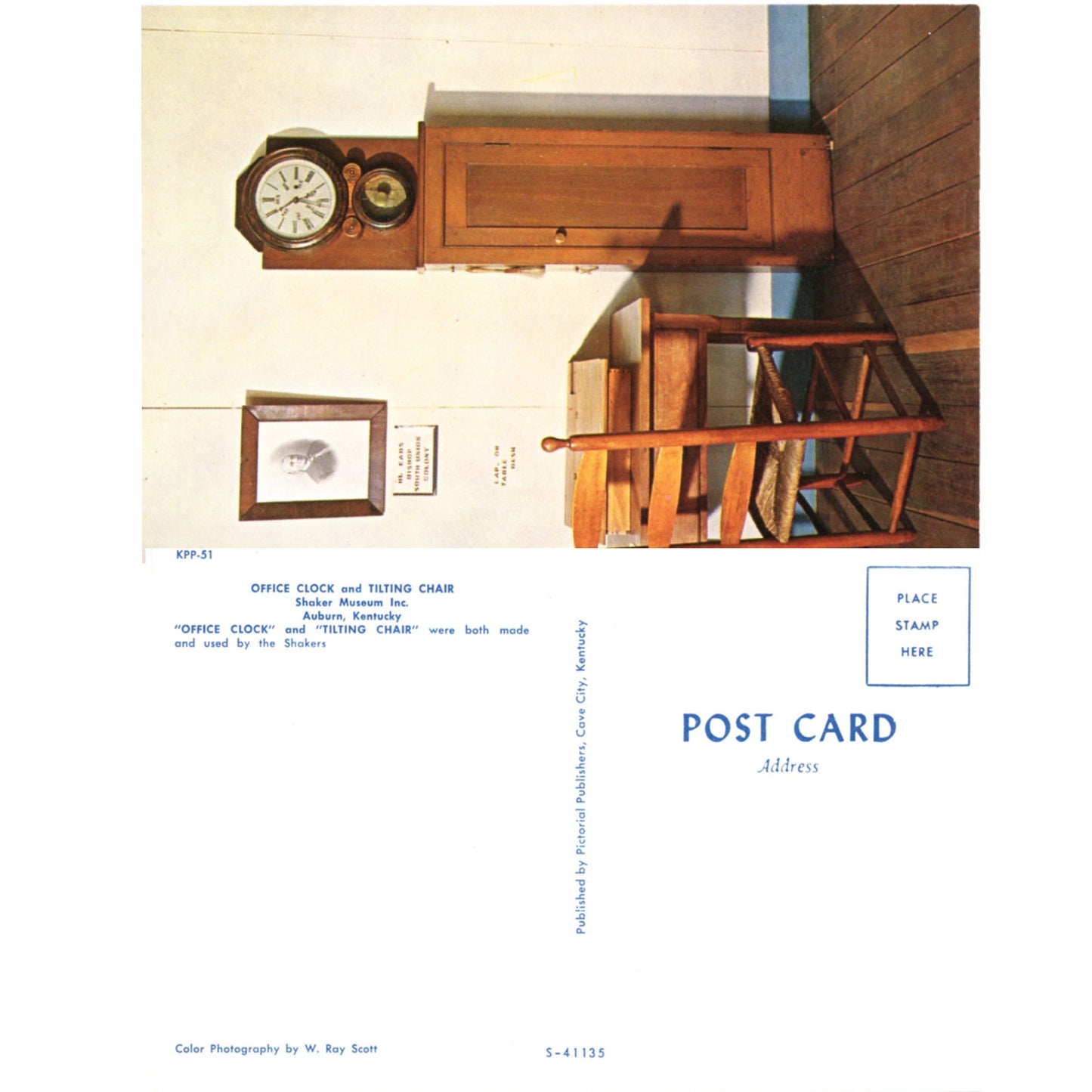 Shaker Museum Auburn Kentucky Office Clock and Tilting Chair Chrome Postcard Front and Back