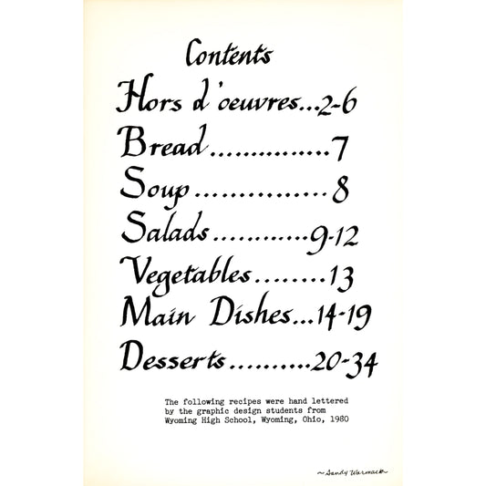 Recipes: Wyoming High School Cookbook (1980) – Hand‑Lettered Student Art | Wyoming, Ohio Table of Contents