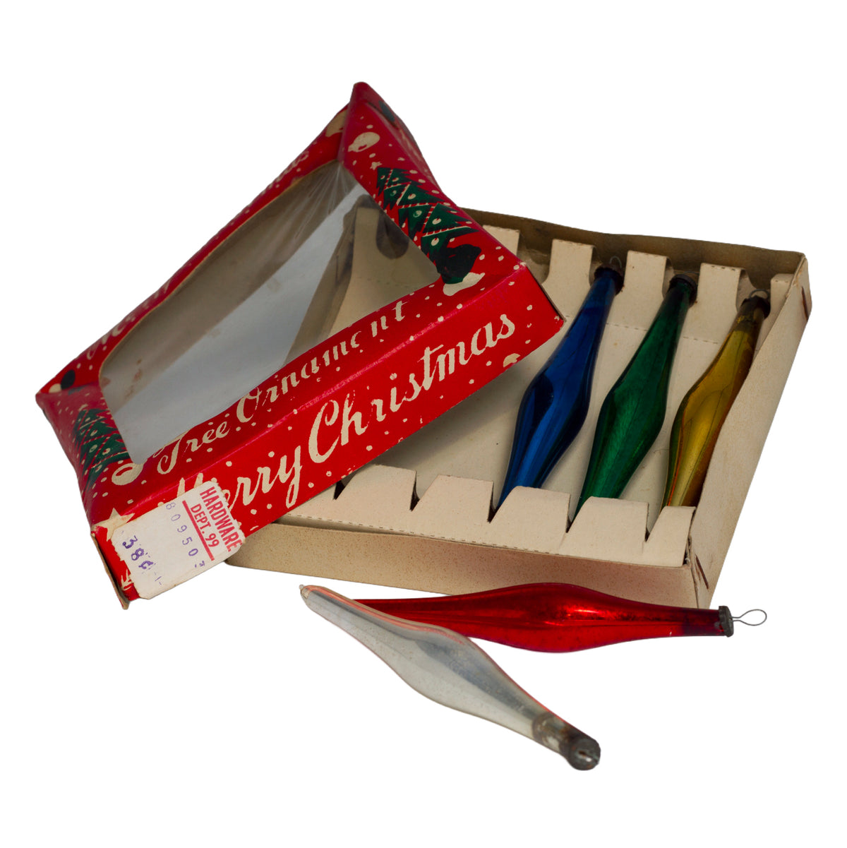 1950s Japan glass teardrop ornaments in original box. Bright metallic colors, mid‑century holiday charm. Set of 5.