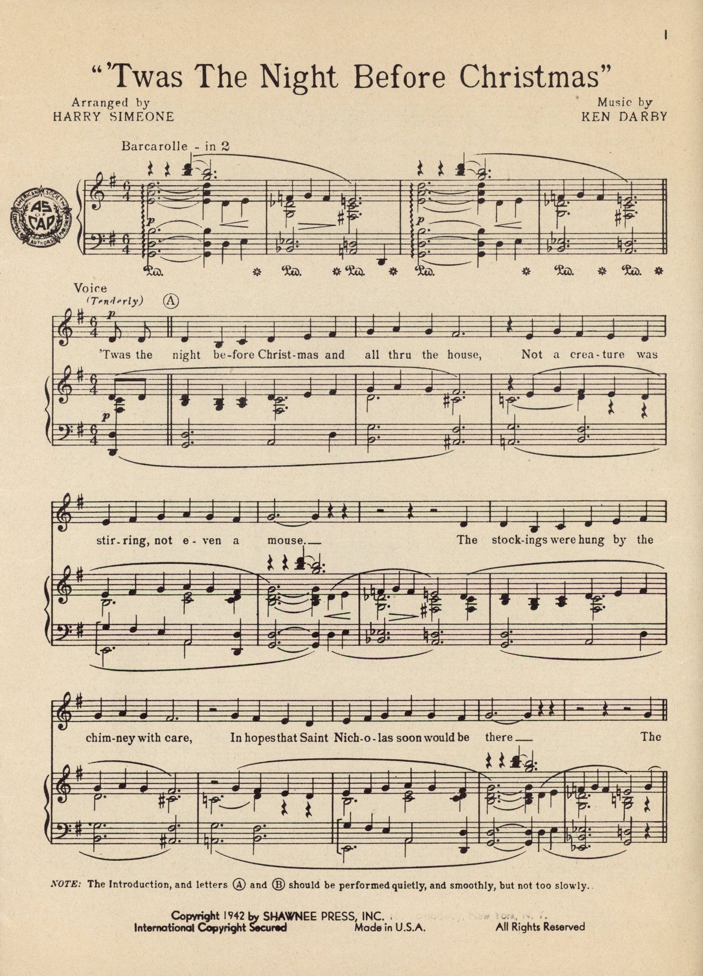TWAS THE NIGHT BEFORE CHRISTMAS Vintage Sheet Music Arranged by Harry Simone with Music by Ken Darby ©1942