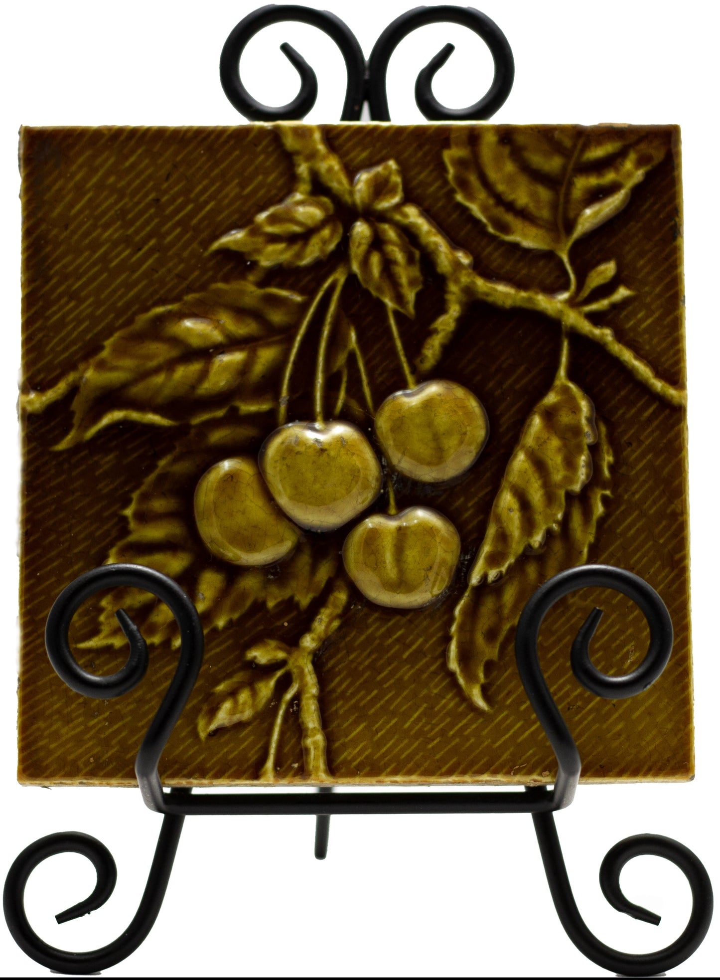 Pair of Antique U.S. Encaustic Tile Works “Cherry Branch” Fireplace Tiles (Indianapolis, c. 1880s–1890s)