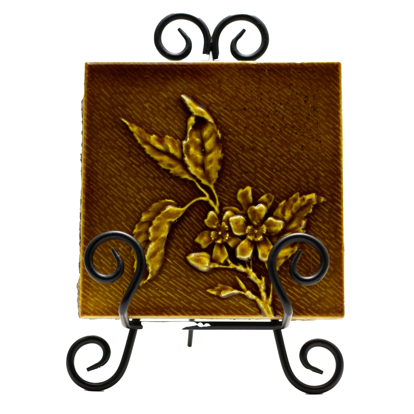 Pair of Antique U.S. Encaustic Tile Works “Cherry Branch” Fireplace Tiles (Indianapolis, c. 1880s–1890s)