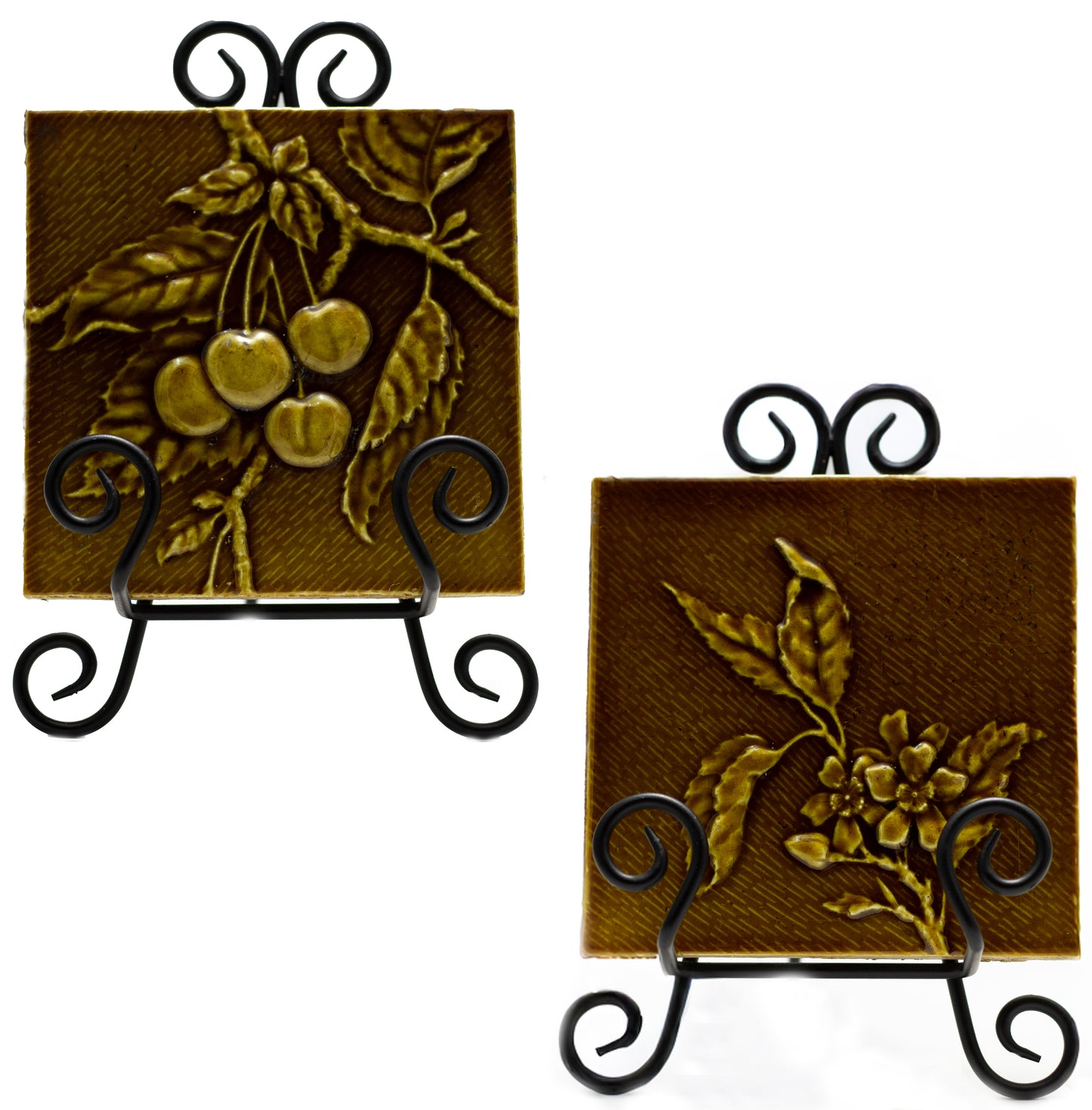 Pair of Antique U.S. Encaustic Tile Works “Cherry Branch” Fireplace Tiles (Indianapolis, c. 1880s–1890s)