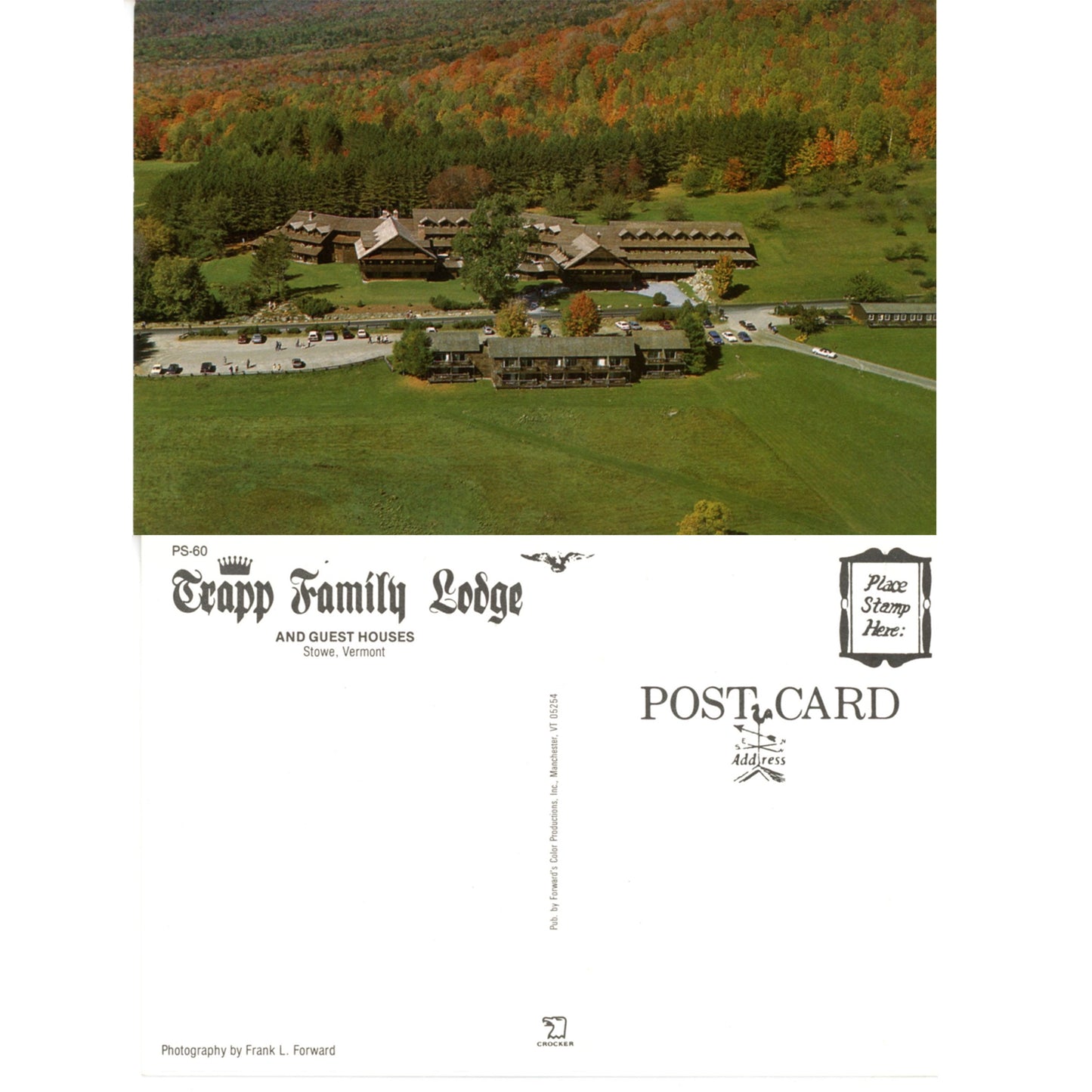 Trapp Family Lodge Stowe Vermont | Wide Aerial Lodge View | Forward & Crocker Scenic Chrome Era Postcards Front and Back