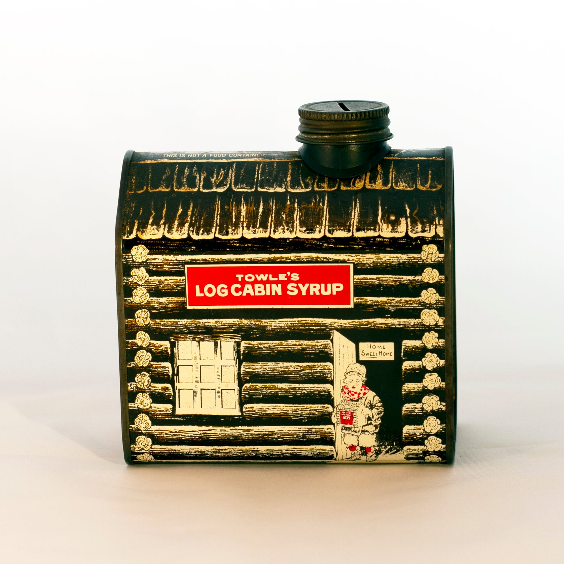 Lithographed TOWLE’S LOG CABIN SYRUP TIN COIN BANK "Boy in Doorway" Circa 1979
