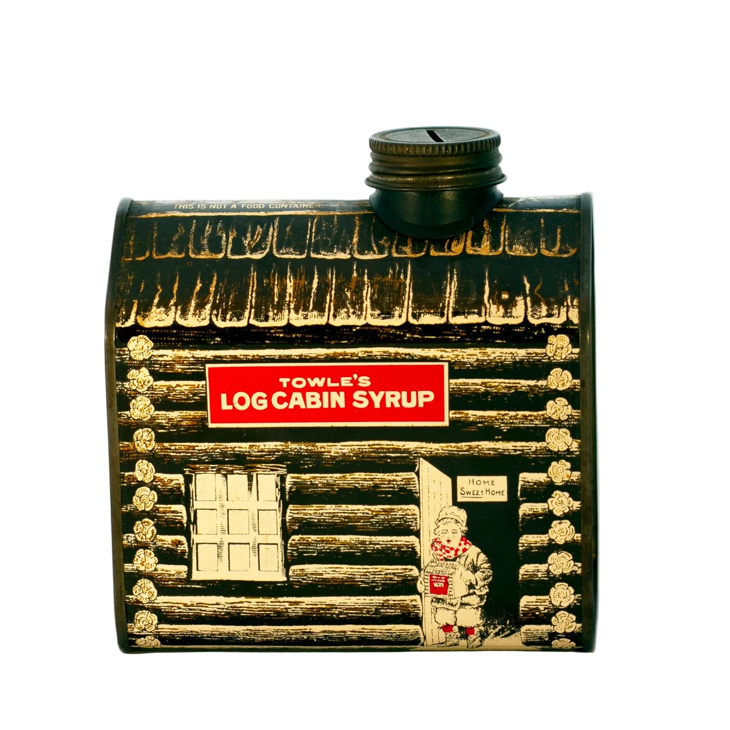 Lithographed TOWLE’S LOG CABIN SYRUP TIN COIN BANK "Boy in Doorway" Circa 1979