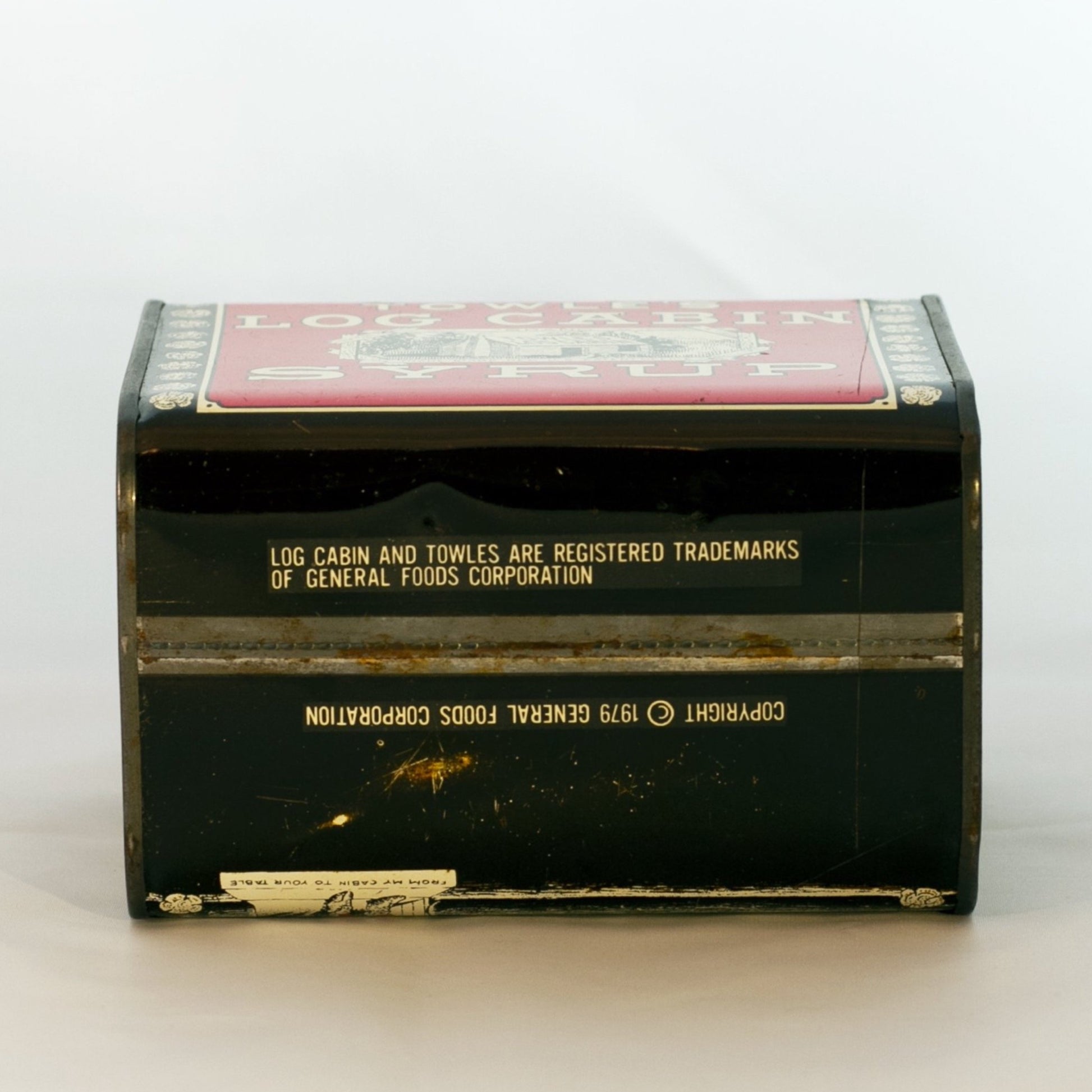 Lithographed TOWLE’S LOG CABIN SYRUP TIN COIN BANK "Boy in Doorway" Circa 1979