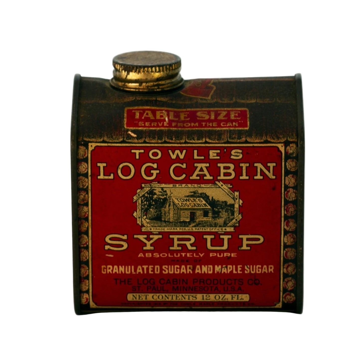 Antique TOWLE’S LOG CABIN SYRUP TIN Copyright 1914 "Boy in Doorway" Jack Towle 12-Ounce Capacity