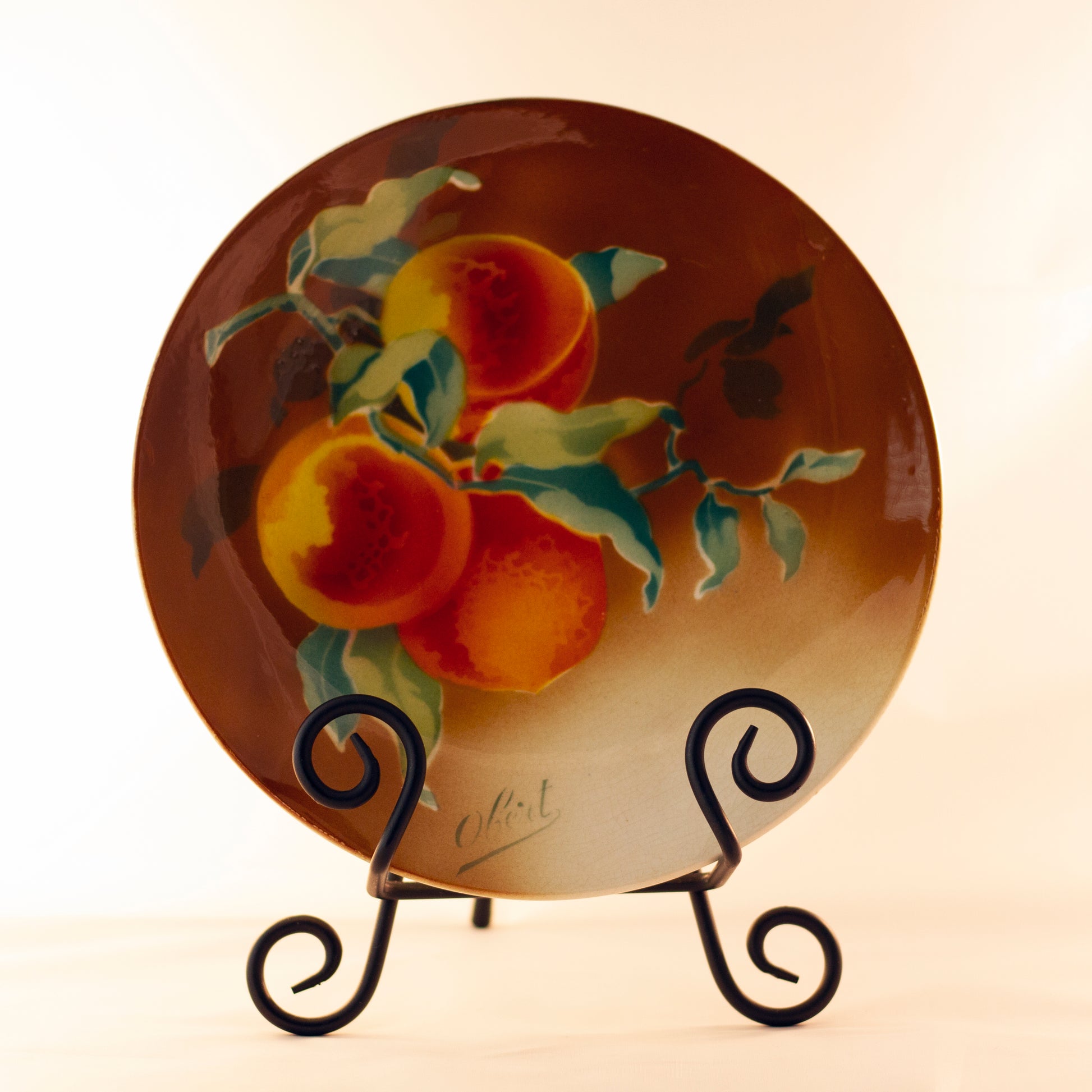 K & G LUNÉVILLE FRENCH FAIENCE PLATE HAND PAINTED PEACHES 8 ½” Signed Obert Circa 1900