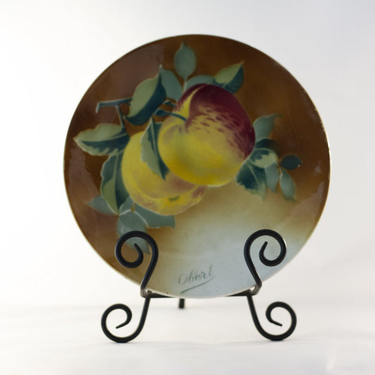 K & G LUNÉVILLE FRENCH FAIENCE PLATE HAND PAINTED APPLES 8 ½” Signed Obert Circa 1900