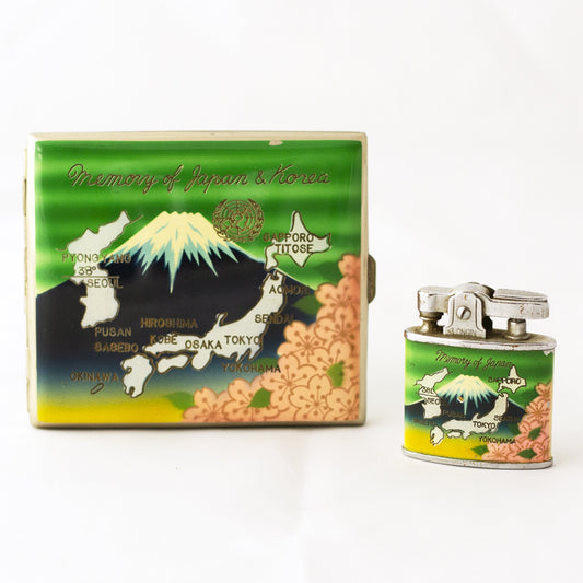 MEMORY OF JAPAN & KOREA CIGARETTE CASE and LIGHTER SET Pacific War of World War II Souvenir Circa 1945 - 1953