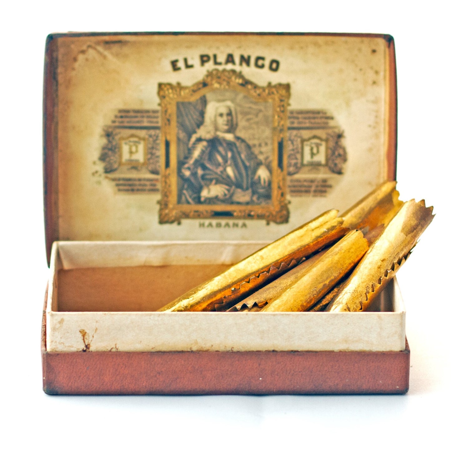 EL PLANCO SEGARROS HABANA CIGAR BOX with Six Gilded Gold Paper Cigar Labels/Bands *Rare* Circa 1910
