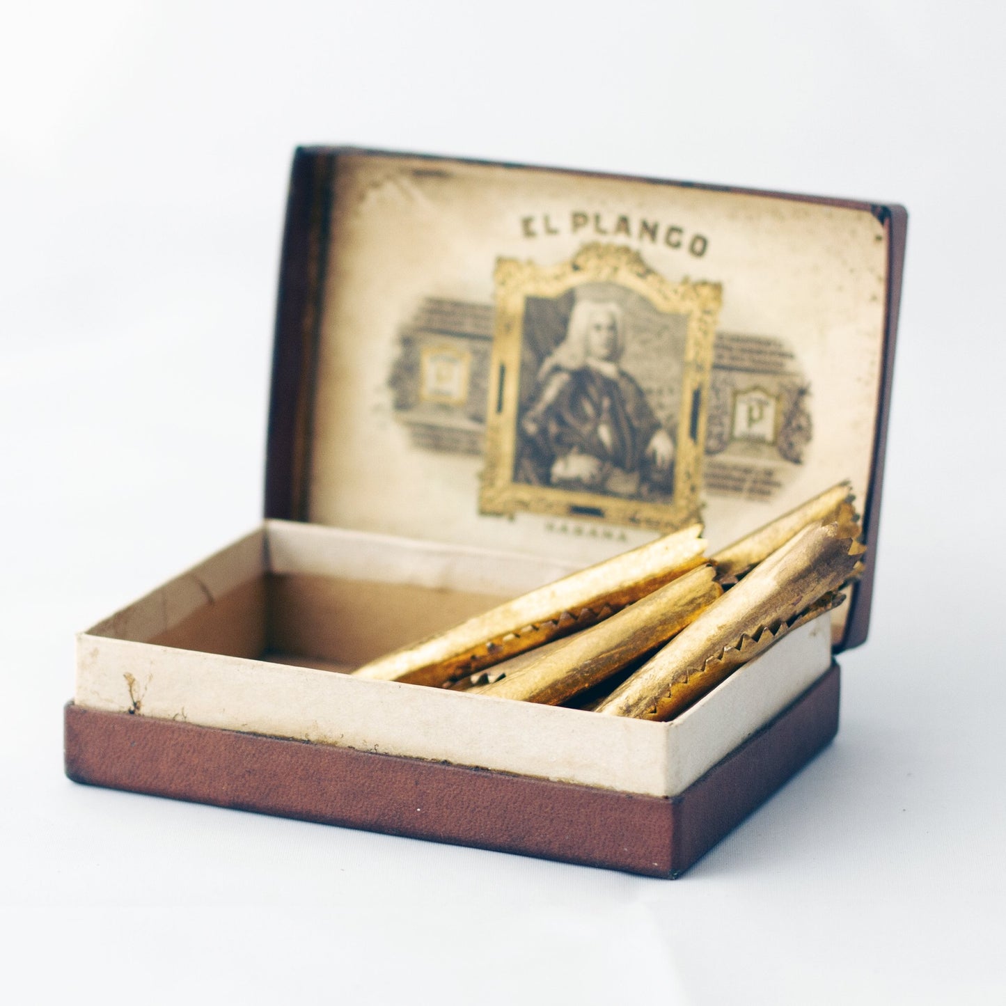 EL PLANCO SEGARROS HABANA CIGAR BOX with Six Gilded Gold Paper Cigar Labels/Bands *Rare* Circa 1910