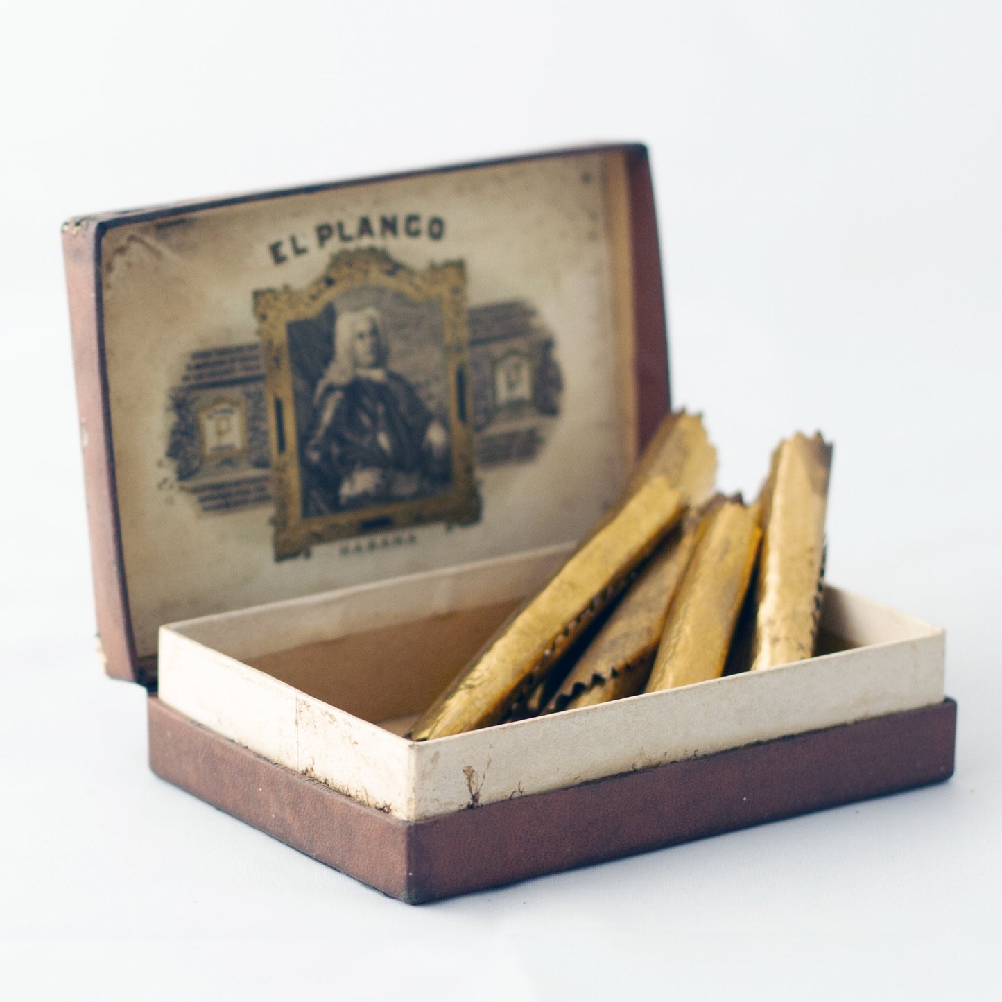 EL PLANCO SEGARROS HABANA CIGAR BOX with Six Gilded Gold Paper Cigar Labels/Bands *Rare* Circa 1910