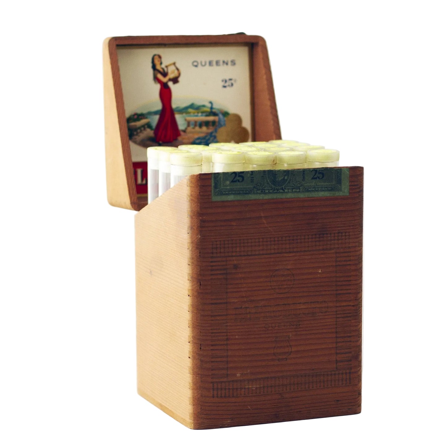 EL PRODUCTO QUEENS 25¢ WOOD CIGAR BOX WITH GLASS TUBES