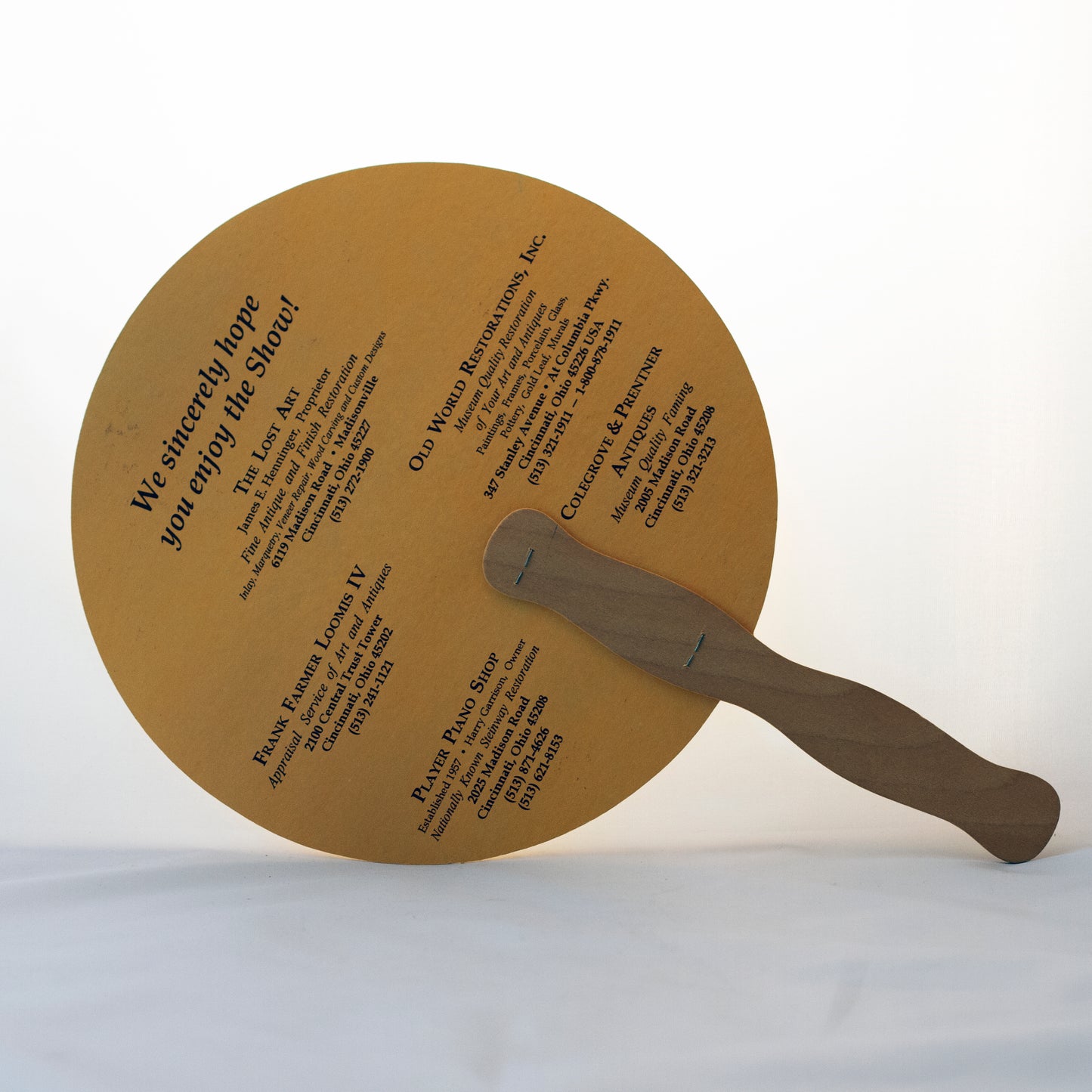 ADVERTISING HAND FAN from the INDIAN HILL ANTIQUES FAIR Cincinnati, OH Back