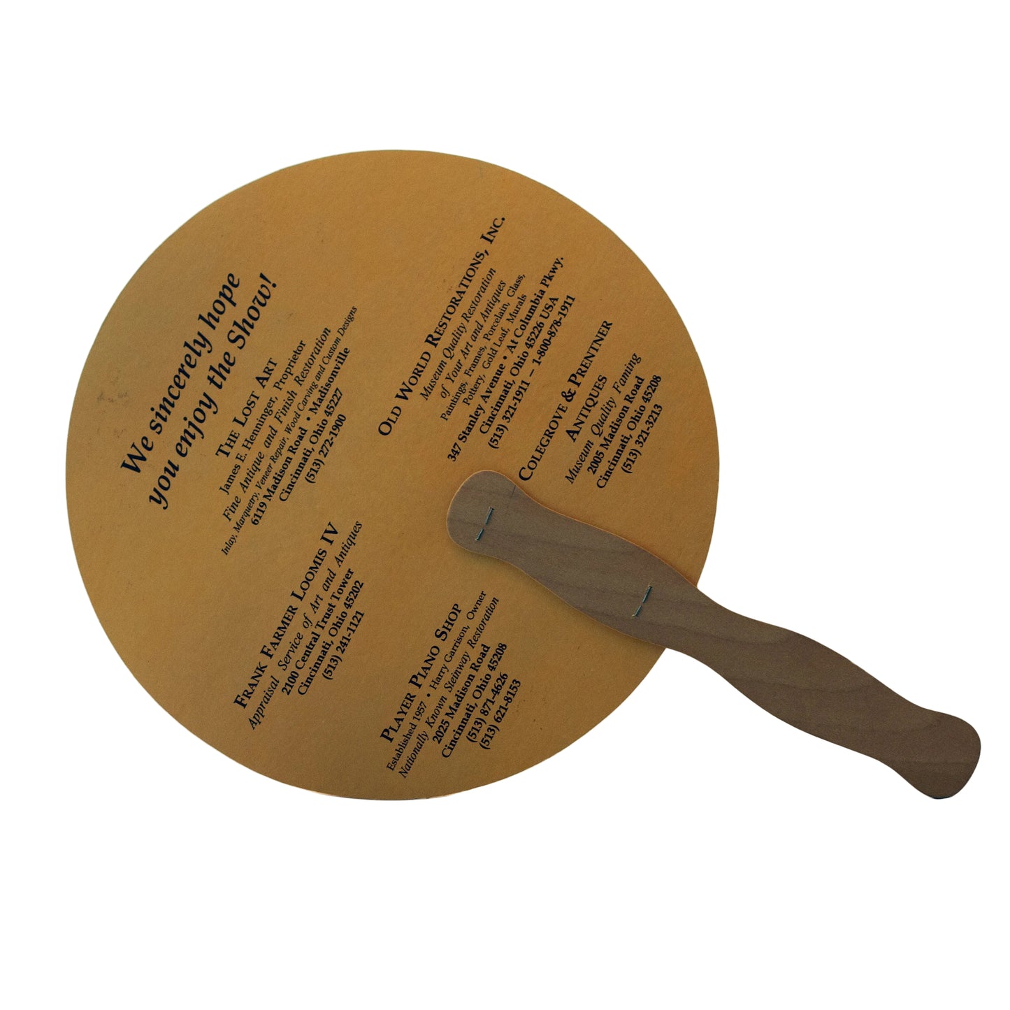 ADVERTISING HAND FAN from the INDIAN HILL ANTIQUES FAIR Cincinnati, OH Back