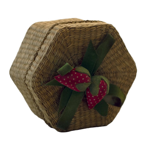 WOVEN WICKER HEXAGON BASKET with Fabric Strawberries Decorated Lid