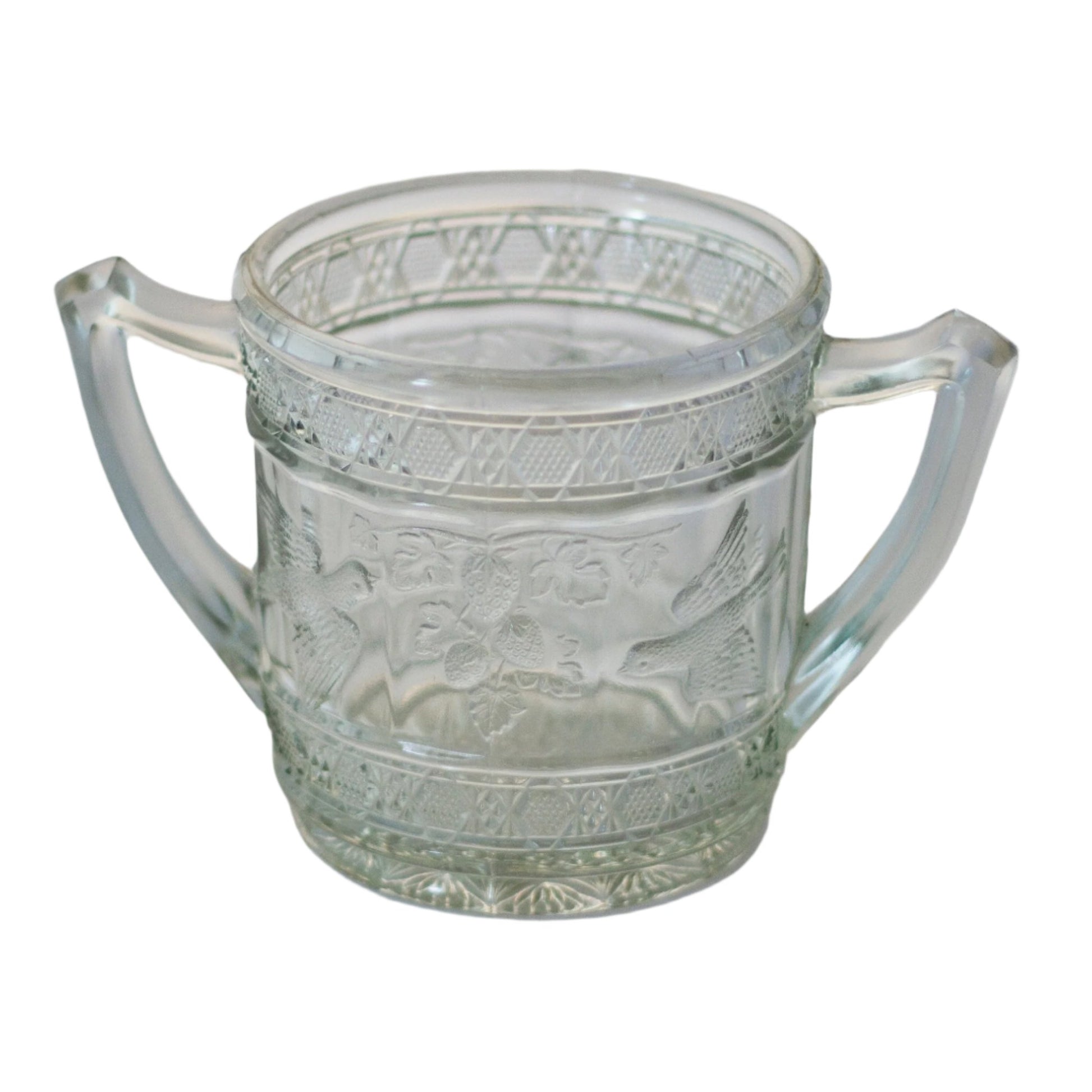 EARLY AMERICAN PATTERN GLASS Bird & Strawberries Open Sugar Bowl by Indiana Glass Circa 1910