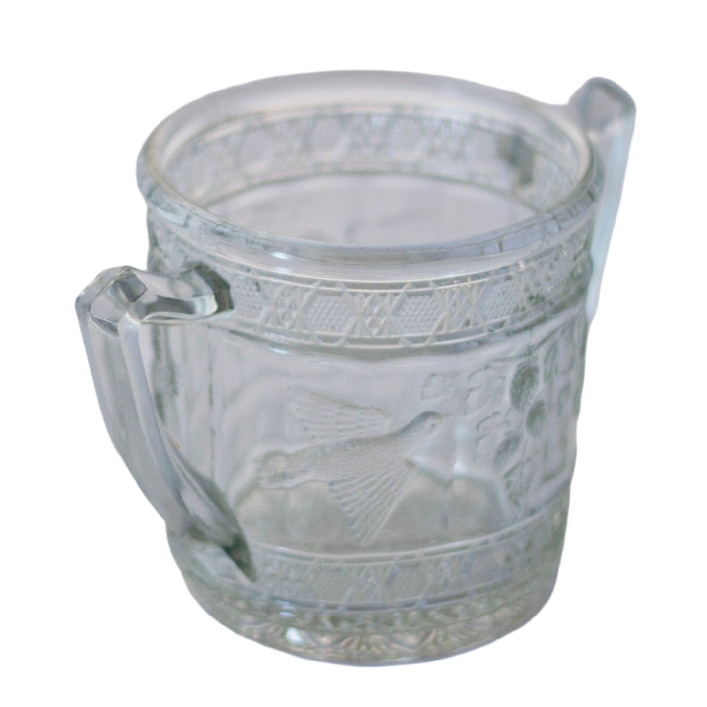 EARLY AMERICAN PATTERN GLASS Open Sugar Bowl Bird & Strawberries Pattern by Indiana Glass Circa 1910
