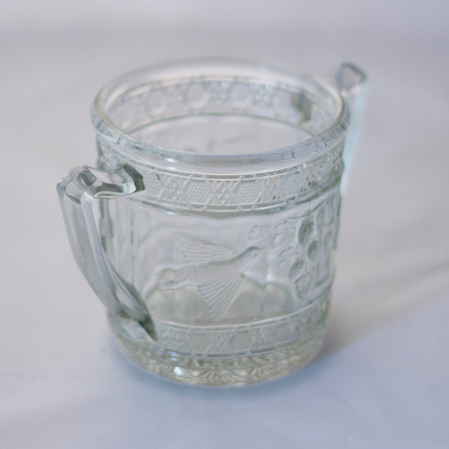 EARLY AMERICAN PATTERN GLASS Open Sugar Bowl Bird & Strawberries Pattern by Indiana Glass Circa 1910