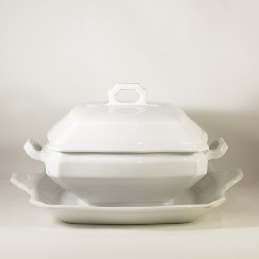 CLASSIC BLOCK OPTIC by J & G Meakin Antique Ironstone Square Covered Dish with Underplate Circa 1890 (1)