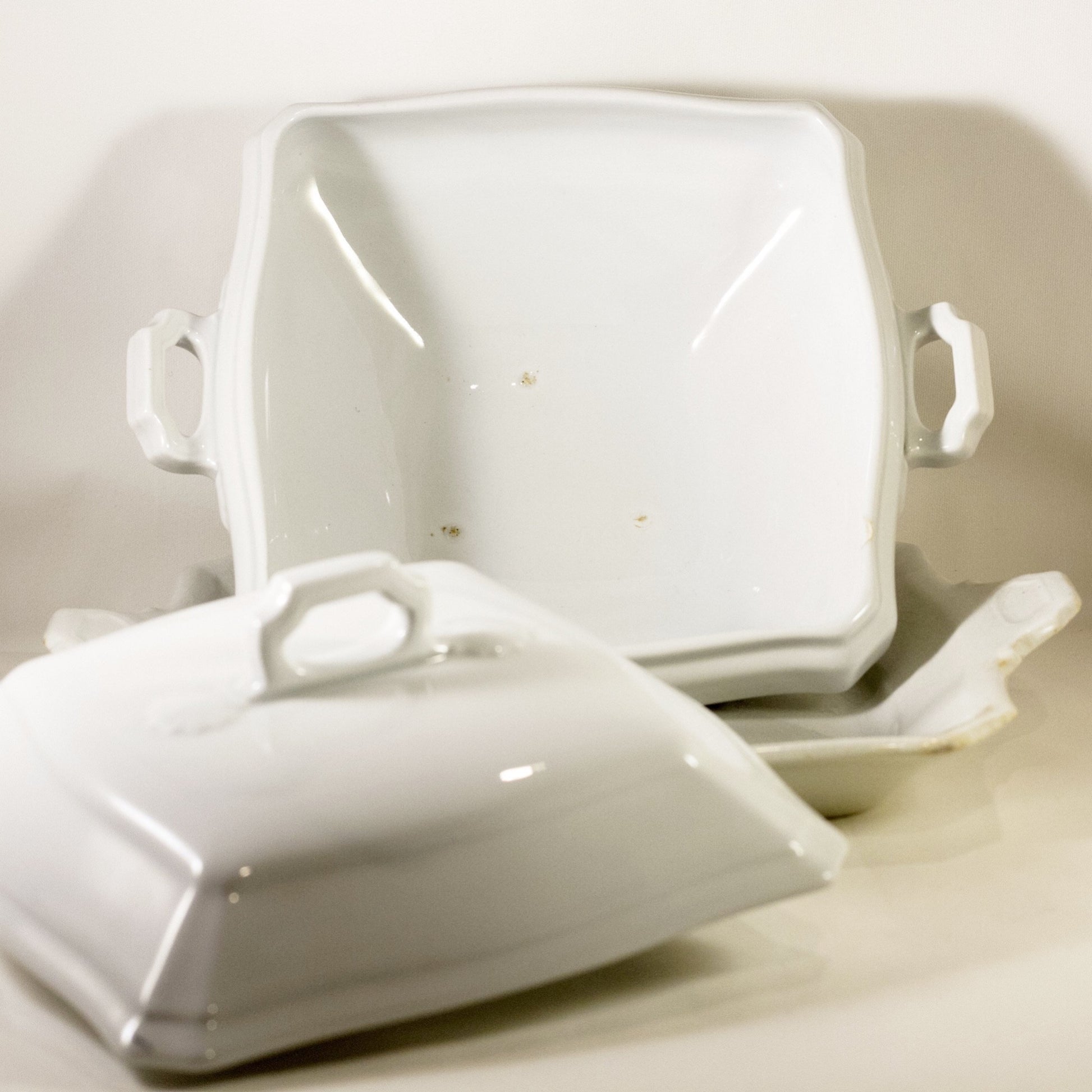 CLASSIC BLOCK OPTIC by J & G Meakin Antique Ironstone Square Covered Dish with Underplate Circa 1890 (2)