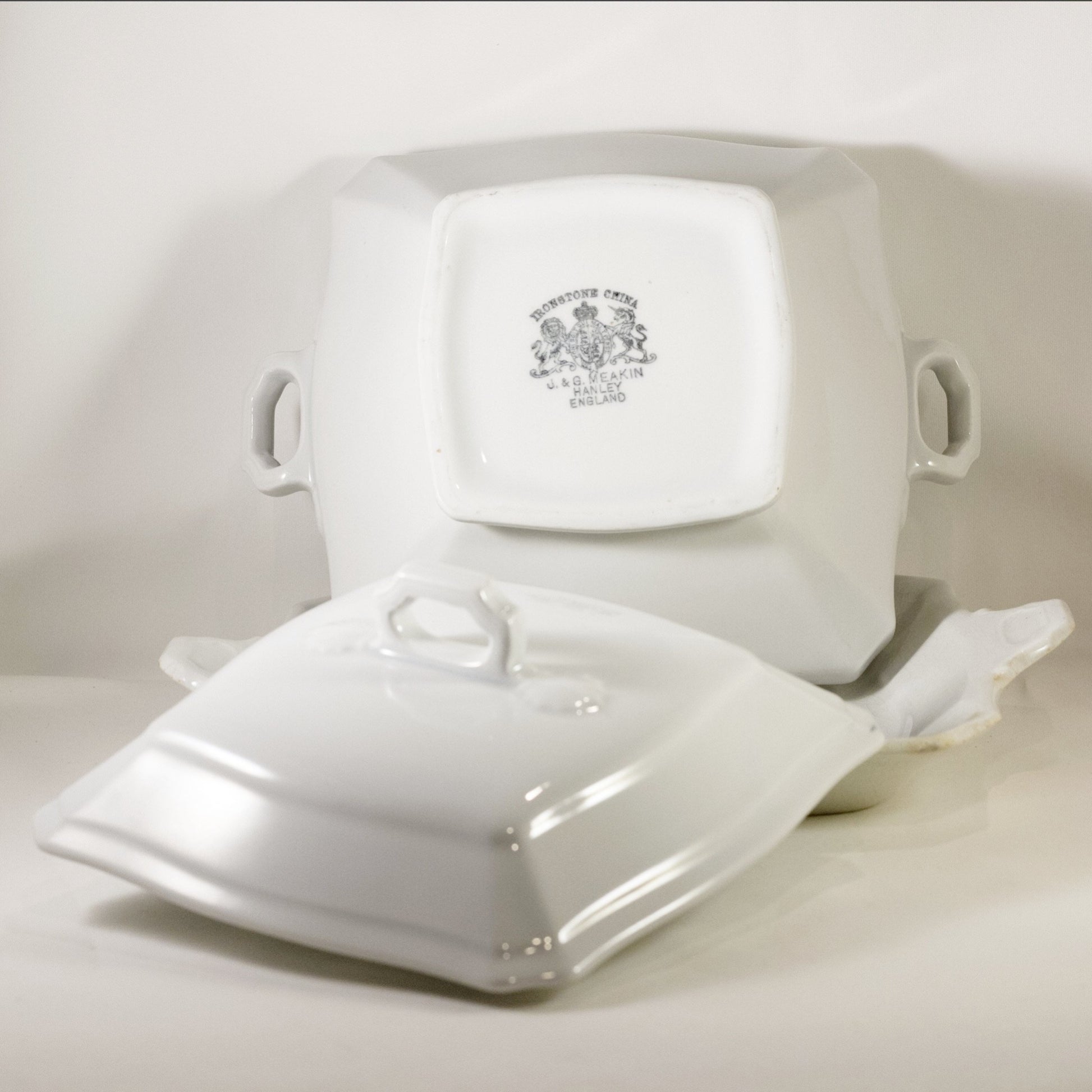 CLASSIC BLOCK OPTIC by J & G Meakin Antique Ironstone Square Covered Dish with Underplate Circa 1890 (3)