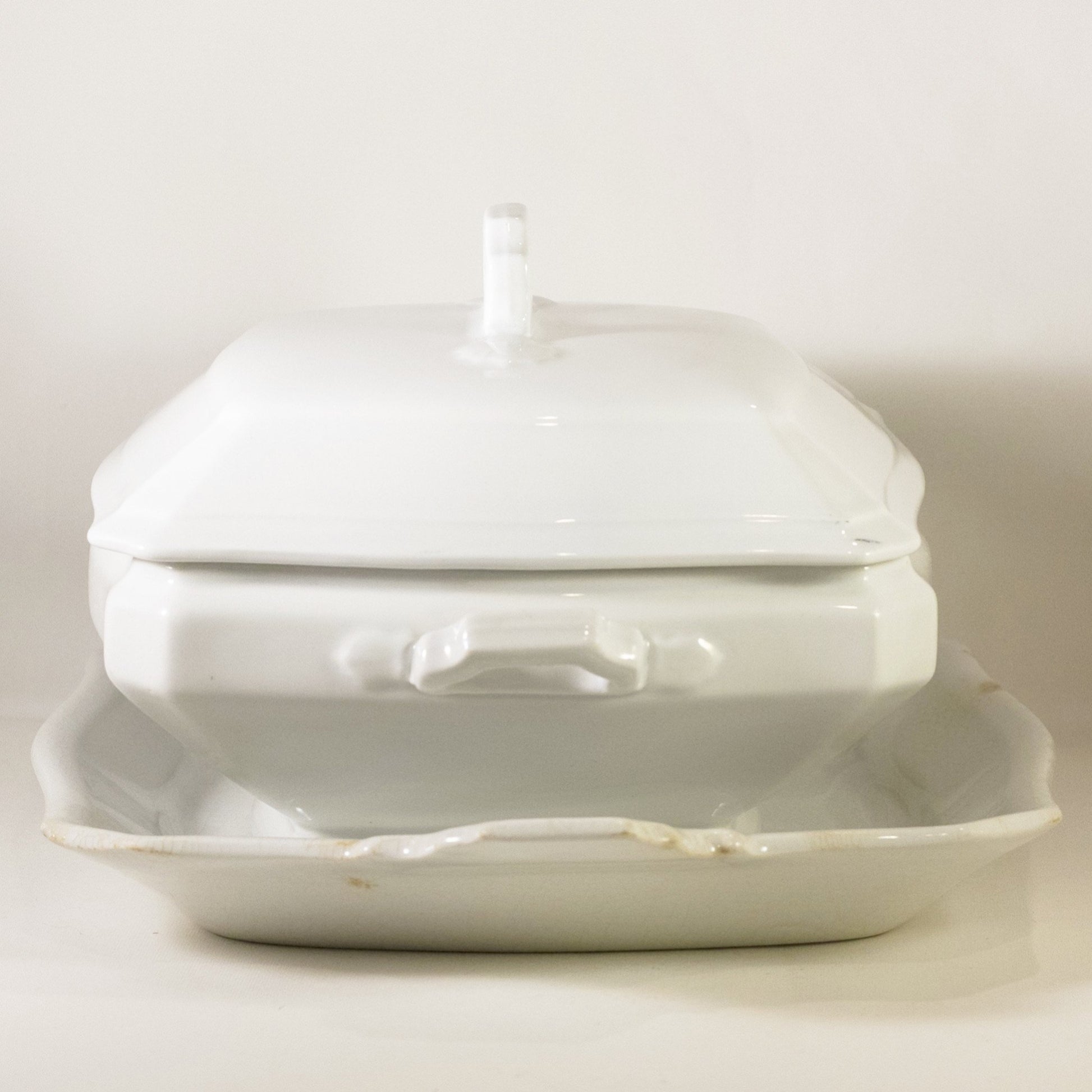 CLASSIC BLOCK OPTIC by J & G Meakin Antique Ironstone Square Covered Dish with Underplate Circa 1890 (4)